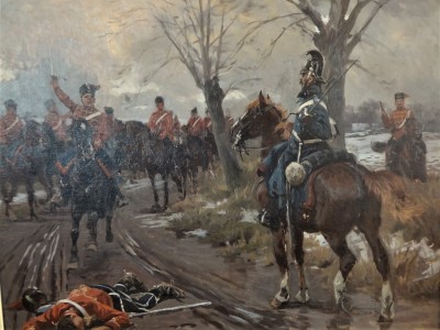 Bild 7 Auch auf diesem Bild ist zu sehen, wie Niels Kjeldsen sein Pferd gewendet hat, um gegen einen preußischen Husaren zu kämpfen der gerade auf Ihn anreitet, während sich Oberfähnrich Graf von Lüttichau links, mit gezogener Pistole, nähert. (Quelle Archiv Dübbel Center)