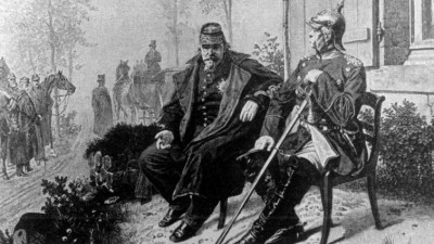 Napoleon III mit Fürst Otto von Bismarck in Donchery nach der Schlacht bei Sedan in einer zeitgenössischen Darstellung (picture alliance / dpa)